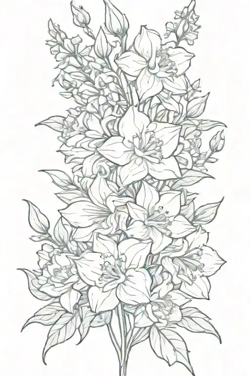 larkspur, peony, narcissus flower bouquet tattoo design idea