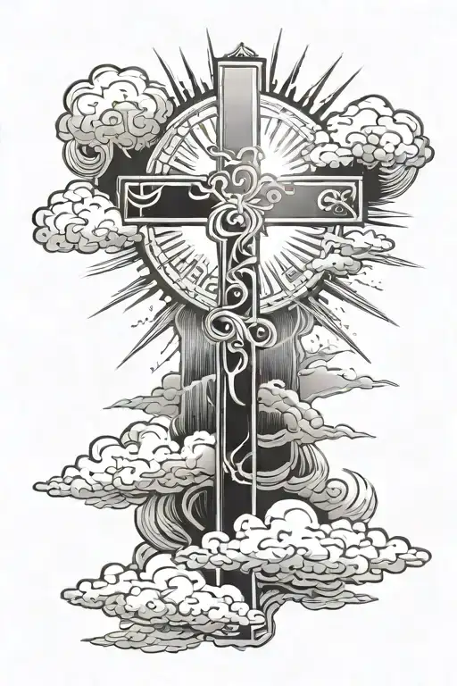 biblical Cross with sun rays and clouds in the background  tattoo design idea