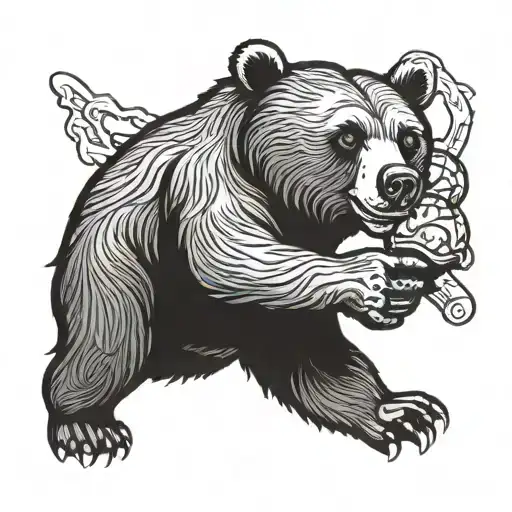 a grizzly but friendly bear holding a staff in his right hand and an ice cream in his left hand  tattoo design idea