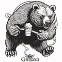 a grizzly but friendly bear holding a staff in his right hand and an ice cream in his left hand  tattoo design idea