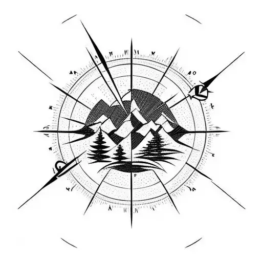 Mountain Alps silhouette inside a compass showing west tattoo design idea