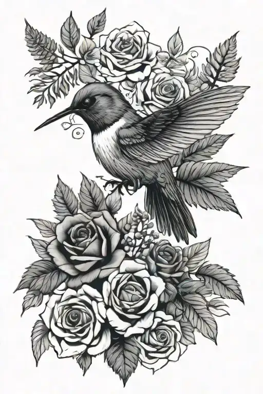 hummingbird cardinal roses and ferns tattoo design idea