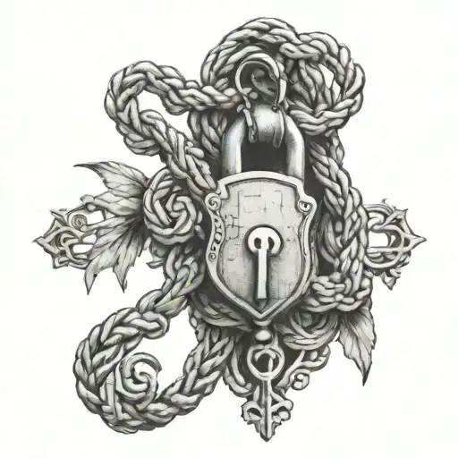 Create a design featuring a key and lock intertwined with bondage ropes tattoo design idea