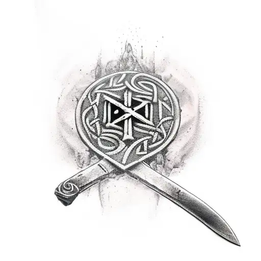 battered sword wedged in the soil with Viking runes on it tattoo design idea