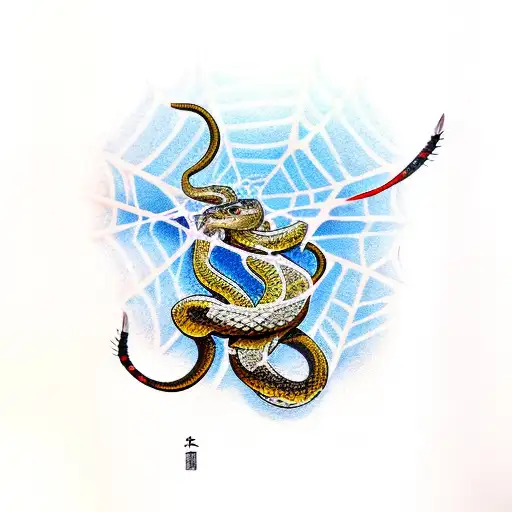 snake stuck in a spider web tattoo design idea