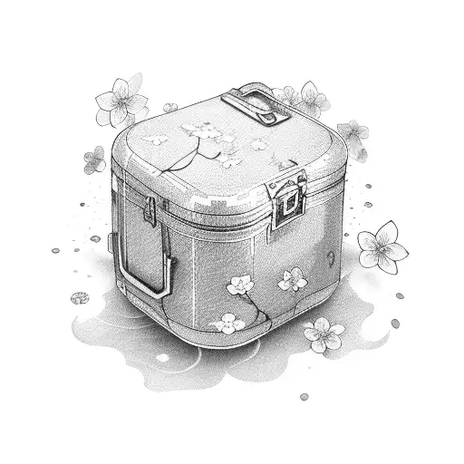 A suitcase with cherry blossom petals floating out of it tattoo design idea