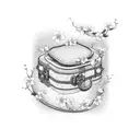 A vintage suitcase with cherry blossom petals floating out of it tattoo design idea