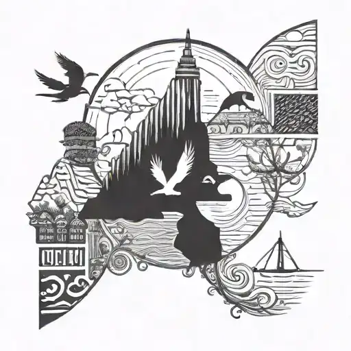 A tattoo design inspired by the concept of freedom and justice, with elements symbolizing empowerment and empathy, incorporating imagery of landscapes from your favorite travel destinations tattoo design idea