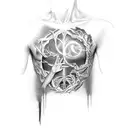 the creation of Adam painting as a tattoo on a chest but replace god with science or scientific items tattoo design idea