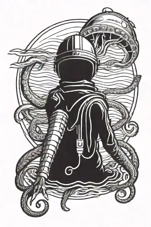 Water themed tattoo, with a giant squid at the top with a scuba helmet  tattoo design idea