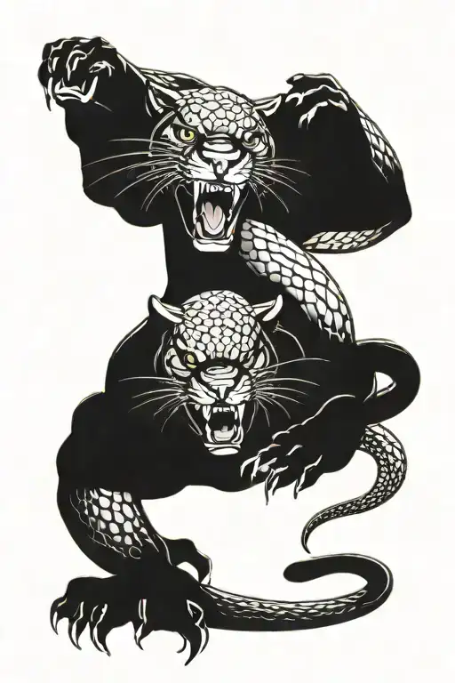 A dynamic tattoo design depicting a fierce panther and a menacing snake locked in a stalemate, symbolizing the eternal battle between good and evil tattoo design idea