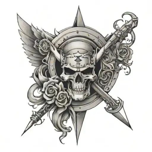 A tattoo design showcasing a veteran's resilience and strength, with a mix of metal music elements and a touch of symmetry tattoo design idea