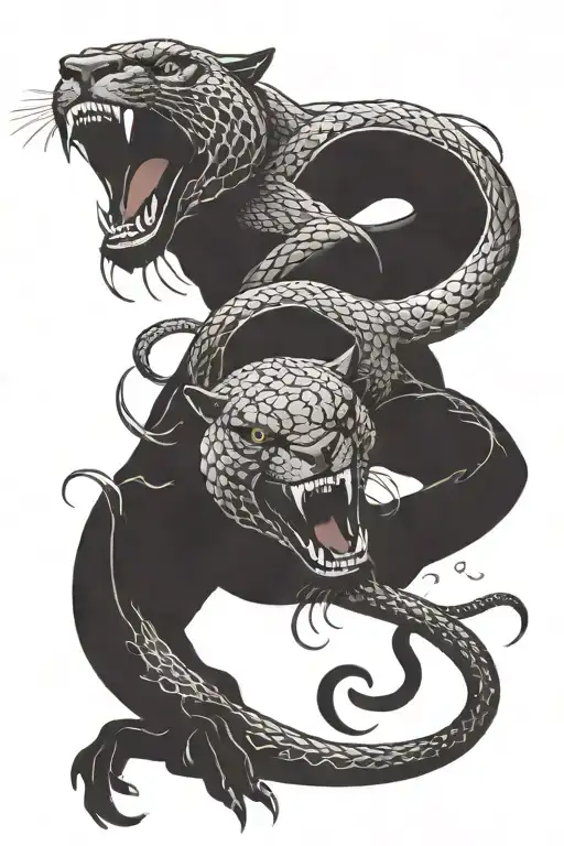 A dynamic tattoo design depicting a fierce panther and a menacing snake locked in a stalemate, symbolizing the eternal battle between good and evil tattoo design idea