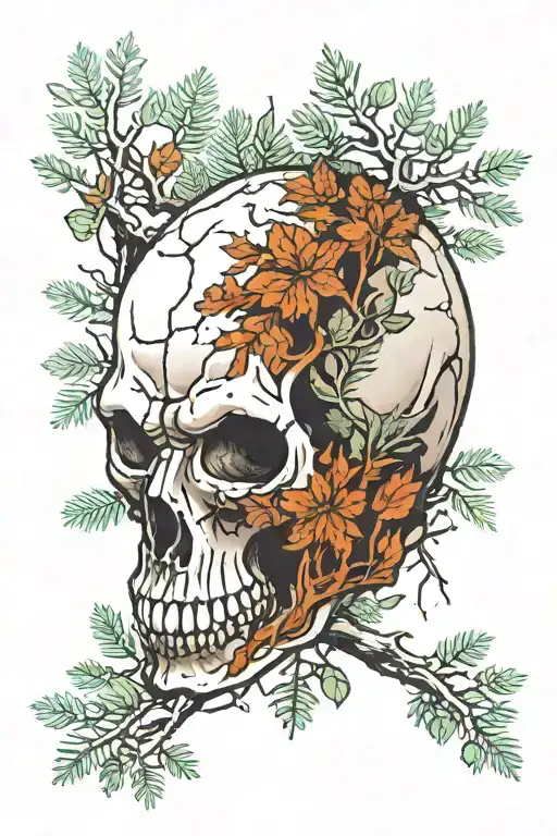 A bear skull in a pine forest with rocks and leaves around tattoo design idea