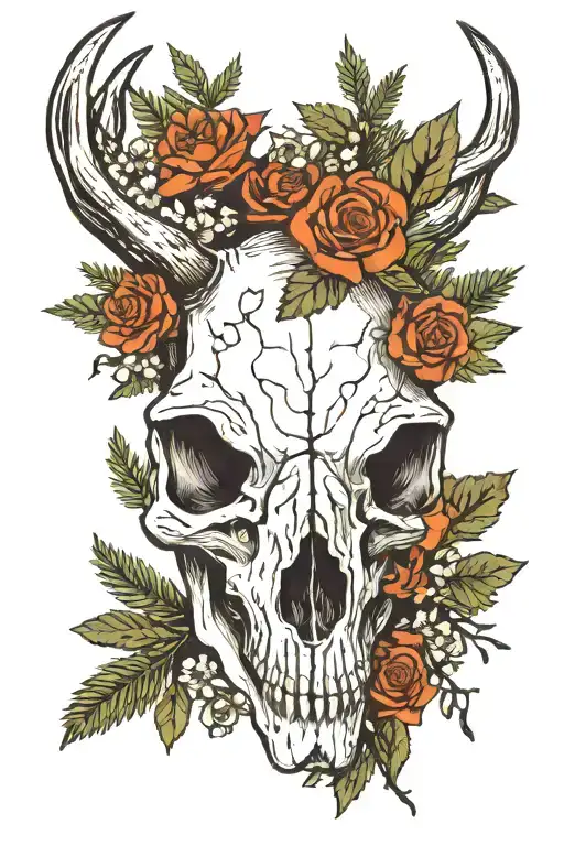 A deer skull in a pine forest with rocks and leaves around also flowers tattoo design idea