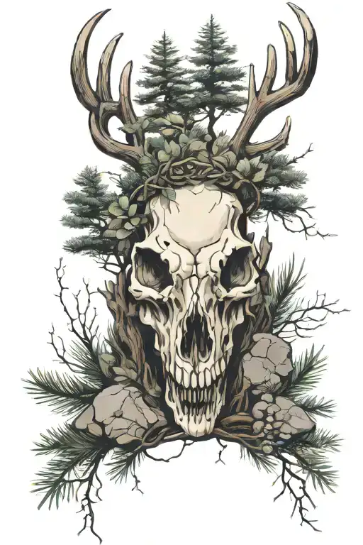 A deer skull in a pine forest with rocks and leaves around tattoo design idea
