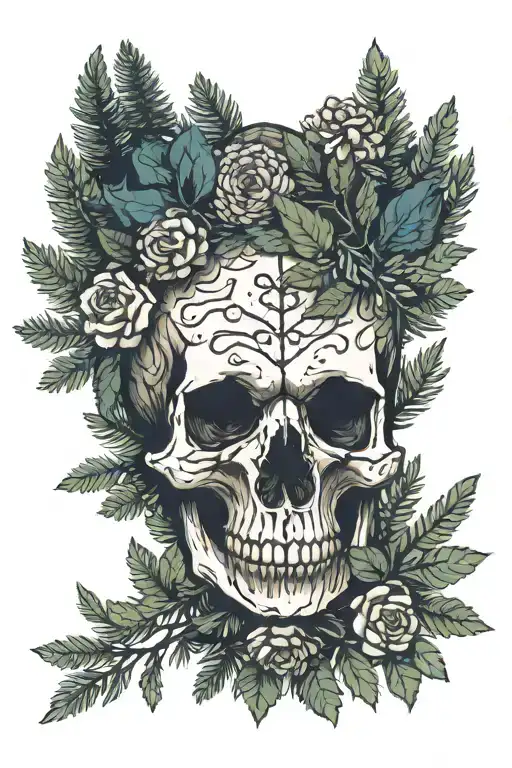 A bear skull in a pine forest with rocks and leaves around also flowers tattoo design idea