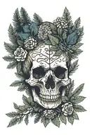 A bear skull in a pine forest with rocks and leaves around also flowers tattoo design idea