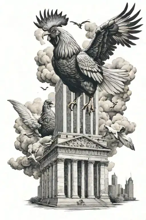 a hyper realistic tattoo of a chicken tender crashing into the twin towers on a mans chest tattoo design idea