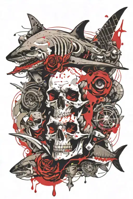 skull and shark eating tattoo design idea