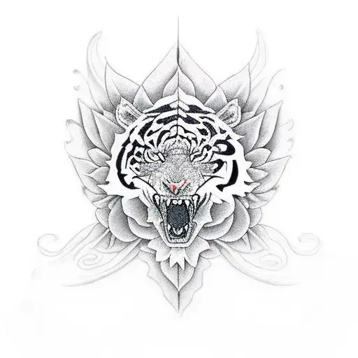 dragon with tiger and lotus flower tattoo design idea