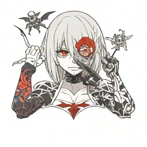 Design me a tattoo template with eto from tokyo ghoul in her human form and her ghoul form in the background with tattoo design idea