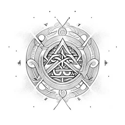 mandalorisn tattoo with norse sigils and rune work, mythosaur skull in center tattoo design idea