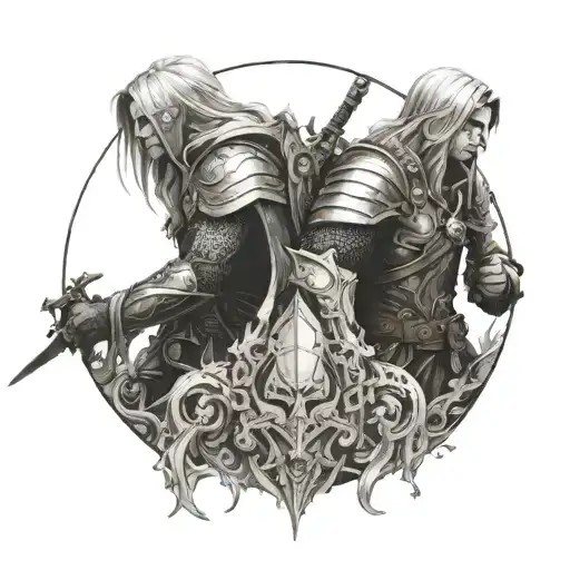 A detailed portrait of Sylvanas and Anduin facing off in a epic battle scene tattoo design idea