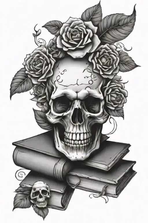 skull and books surrounded by florals tattoo design idea