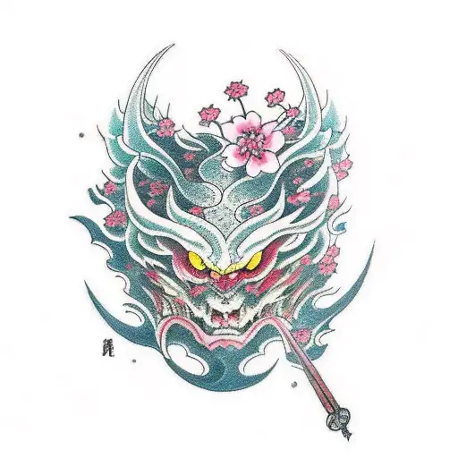 Combine elements of fantasy anime and traditional Japanese art to create a tattoo featuring a powerful demon surrounded by magical cherry blossoms. tattoo design idea