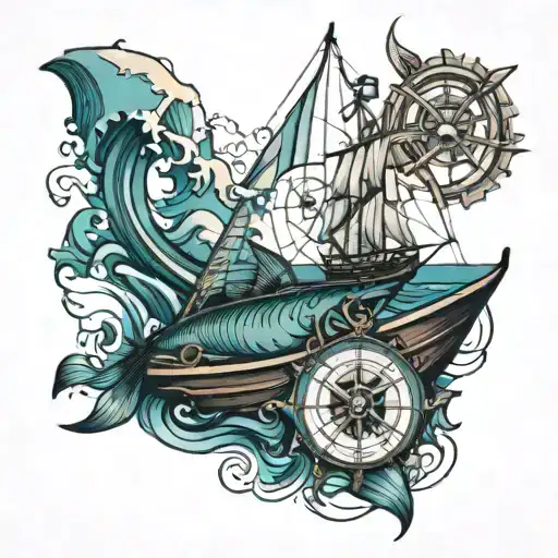 Ocean with boat fishing and compass design combining elements tattoo design idea