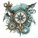Ocean with boat fishing and compass design combining elements tattoo design idea
