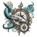 Ocean with boat fishing and compass design combining elements tattoo design idea