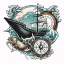Ocean with boat fishing and compass design combining elements tattoo design idea