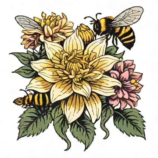 dahlia flower with honey bees buzzing tattoo design idea