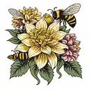 dahlia flower with honey bees buzzing tattoo design idea