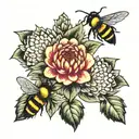 dahlia flower with honey bees buzzing tattoo design idea