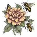 dahlia flower with honey bees buzzing tattoo design idea