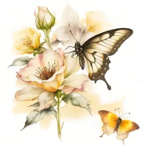 flower with black and white butterfly tattoo design idea