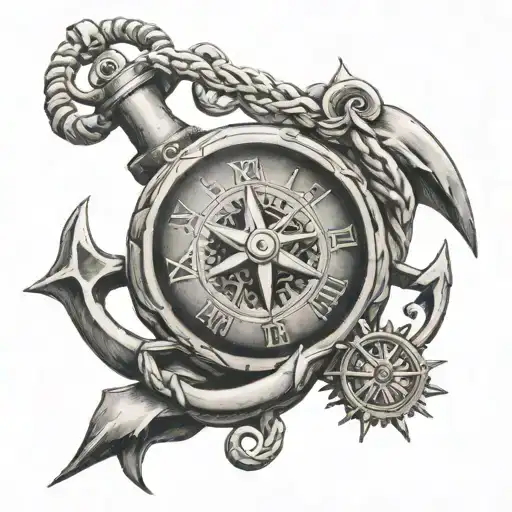 marine anchor with compass and clock tattoo design idea