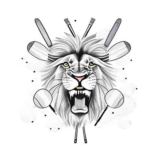 A lion playing drums with tennis rackets as drumsticks tattoo design idea
