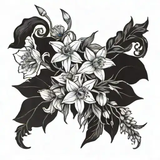 A bouquet of daffodils, daisies, and larkspurs intertwined with a delicate uterus symbol, representing the beauty and strength of femininity tattoo design idea