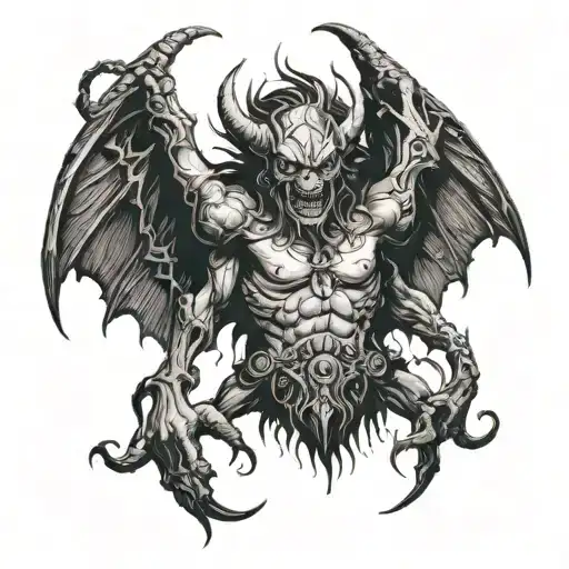 a demon with a quality smile, big and happy; with bright eyes, full of light;  with wings; tied tattoo design idea