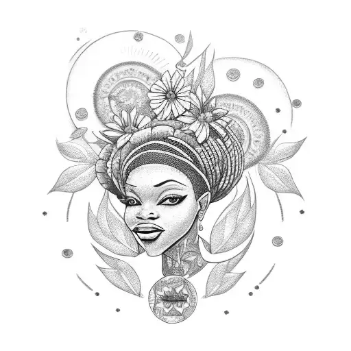 A tattoo design featuring the African deity Oshun surrounded by colorful flowers tattoo design idea