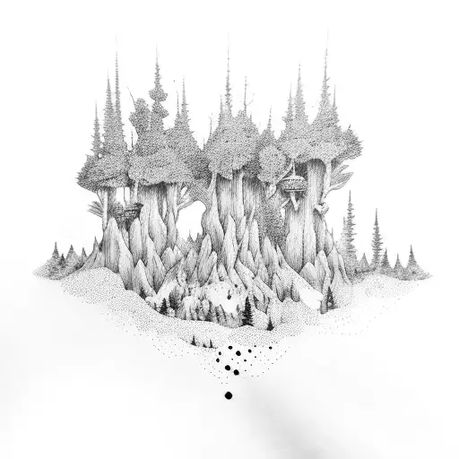 A dotwork forest landscape with hidden video game references tattoo design idea