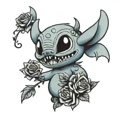 angry Stich with roses around  tattoo design idea