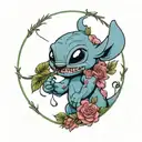 angry Stich with roses around  tattoo design idea