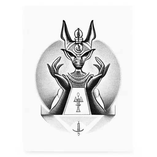 Anubis holds balances in his hand. his ither hand raised above his head. the Ankh symbol is shining above Anubis head tattoo design idea