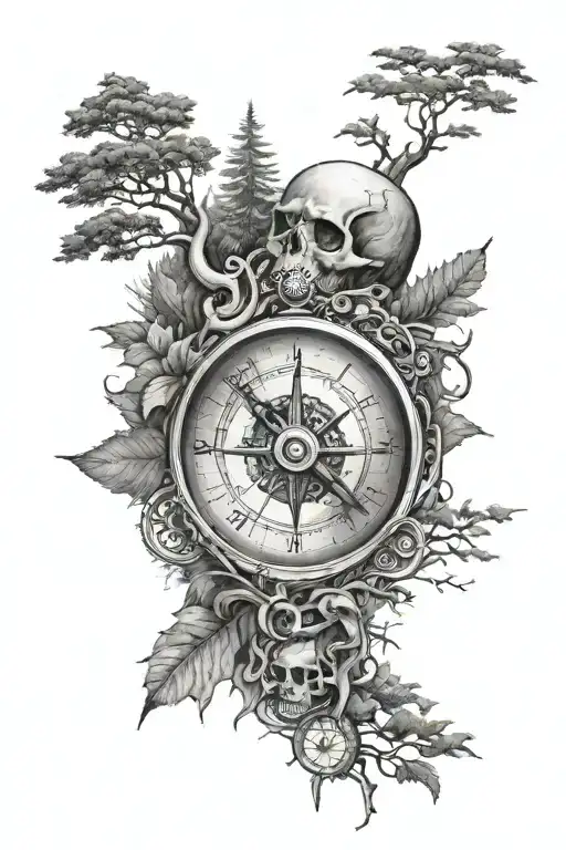 skull and forest scene with a hidden compass surrounded tattoo design idea