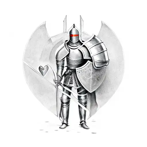 a knight in armor holding a heart in one hand with small evil faces around him tattoo design idea